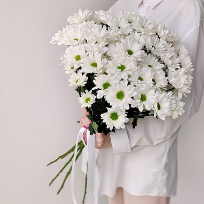 Букет «Ромашка» – 9 белоснежных хризантем в деревенском стиле Видное Московская область